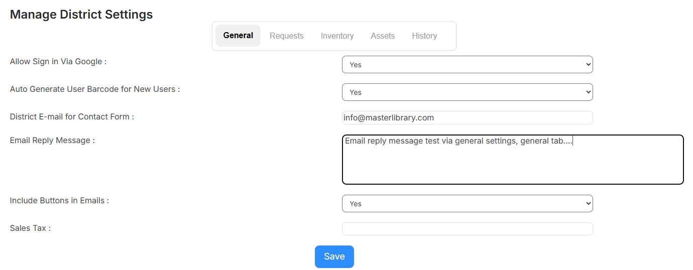 District settings - General tab.